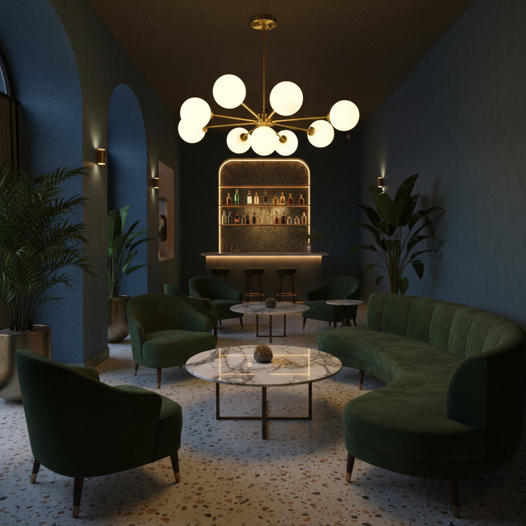 Brass Leaf Studio Naples chandelier featuring nine glass globes, brushed brass finish, and starburst design