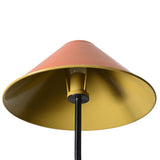 Detailed view of orange and gold cone shade on dual-arm brass ceiling light – modern handmade lighting by Brass Leaf Studio