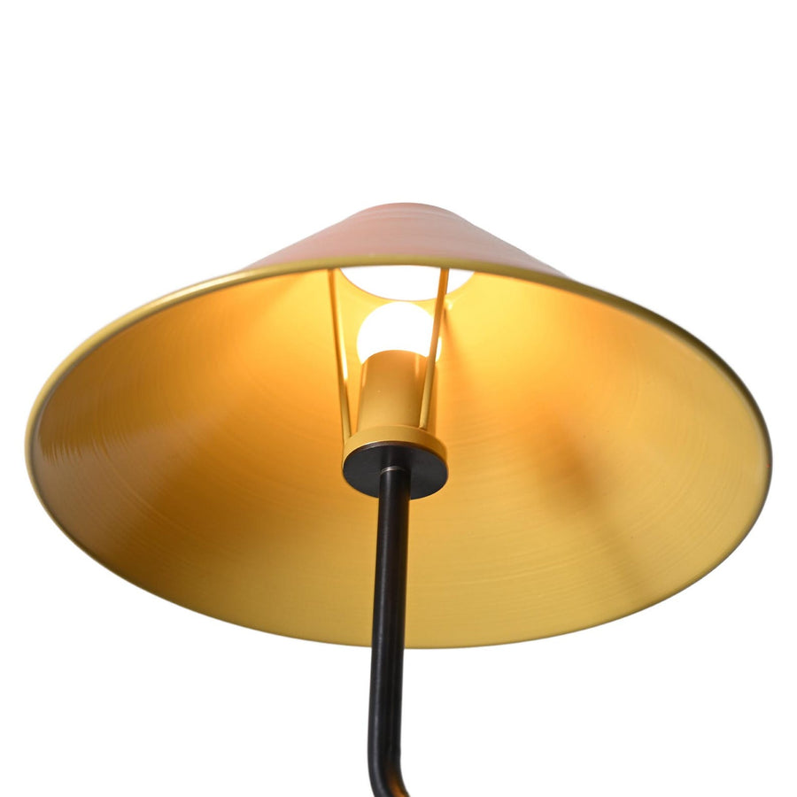 Dual-arm brass ceiling light with orange cone shades and gold interiors – handcrafted modern pendant by Brass Leaf Studio