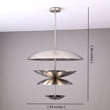 Tiered disc chandelier measuring 24 inches wide and 38 inches tall, featuring layered metallic bowls and a modern hanging design.