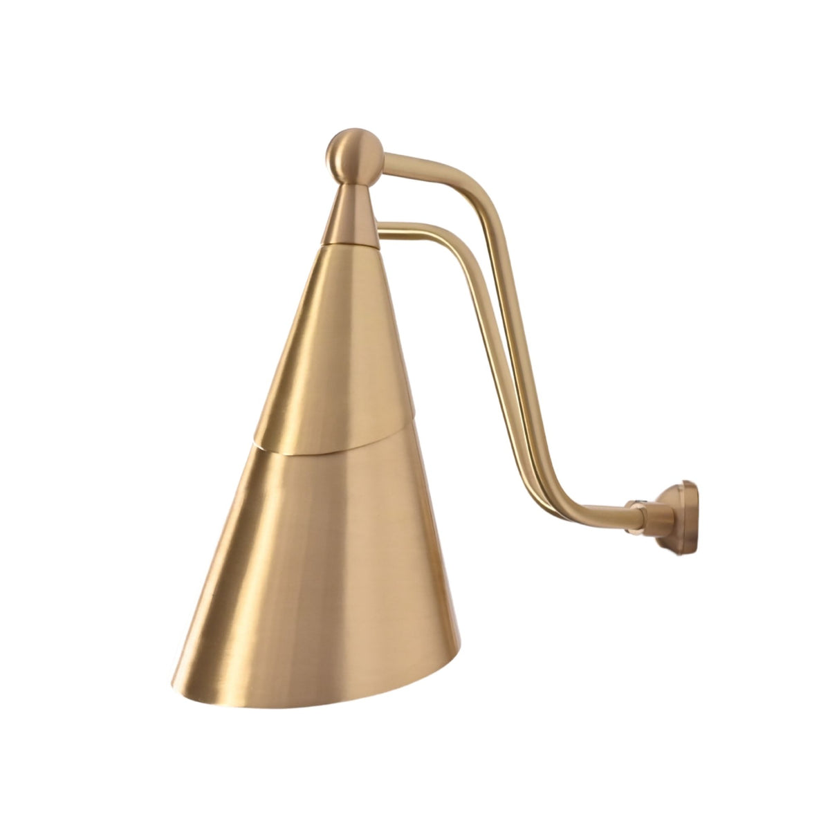 Brass Leaf Studio two light wall fixture with sculptural cone shades, curved arms, and elegant brass finish