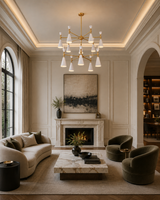 Brass Leaf Studio two-tier chandelier with twelve cone shades arranged in a balanced modern ceiling light design