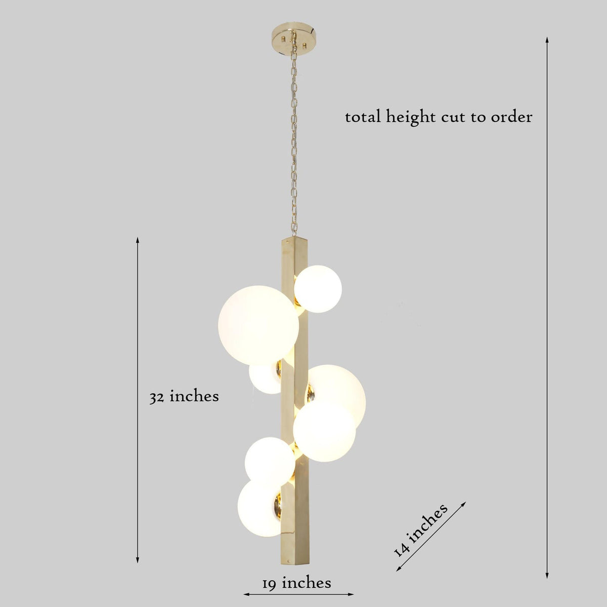 Dimension chart of vertical brass chandelier showing 32-inch height and 19-inch width, customizable to order.