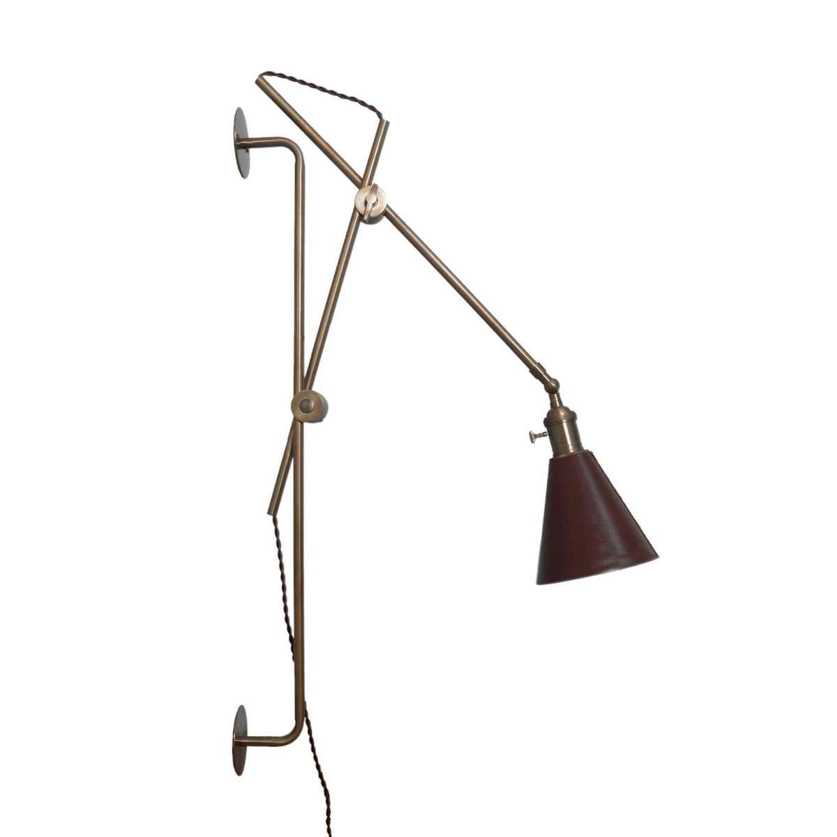 Modern industrial brass wall light with adjustable structure and brown lampshade