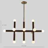 Geometric wood chandelier with brass stem and frosted globes – labeled 34-inch width and 20-inch height – handmade by Brass Leaf Studio