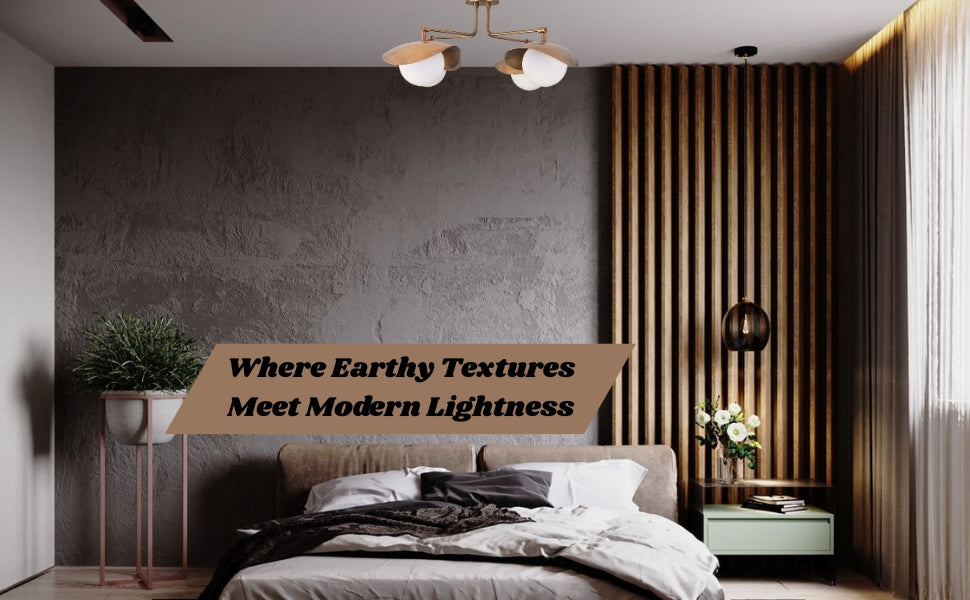 Modern bedroom interior with brass ceiling light above bed, blending earthy textures and soft glow.
