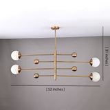 52-inch wide brushed brass chandelier with glass globes showing full product dimensions and linear modern design.