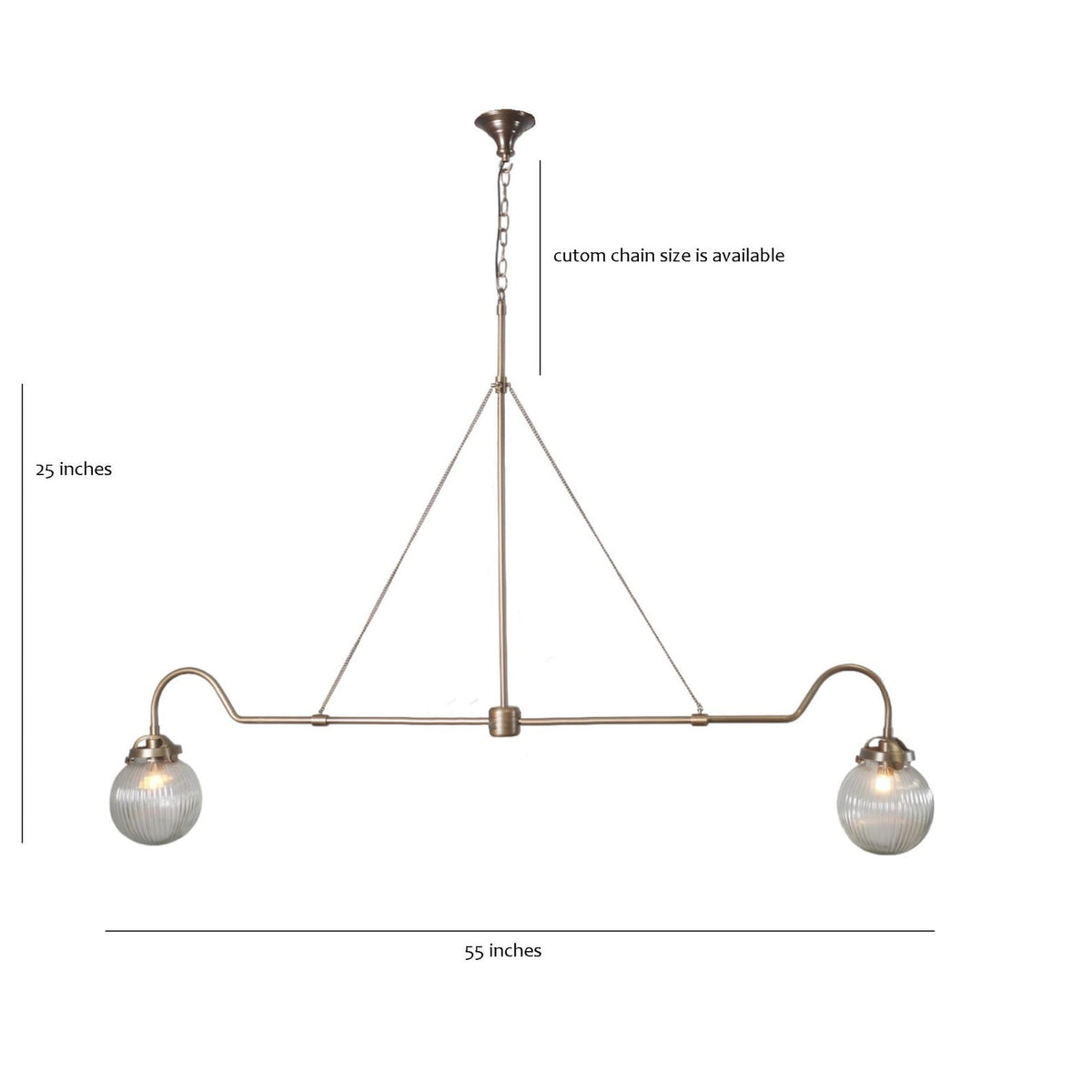 2-light brass linear chandelier dimensions – 55 inches wide and 25 inches high with customizable chain length and glass globes
