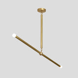 Brass linear chandelier illuminated with bulbs on each end, minimalist industrial ceiling fixture handmade in solid brass.