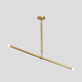 Side angle of handcrafted brass linear chandelier with slim rod design, featuring bulbs on both ends for sleek modern lighting.