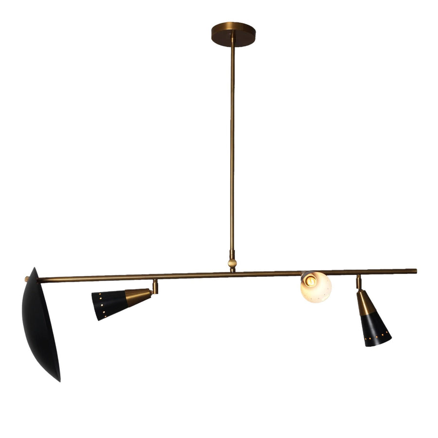 Modern brass linear chandelier with three adjustable black cone shades and minimalist ceiling mount design.