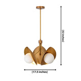 Brass lotus chandelier dimension image showing 32 inch height and 17.5 inch width with three opal glass globes