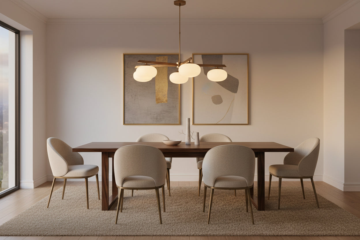 Brass linear chandelier with five oval opal glass balls arranged on a sculptural ceiling frame