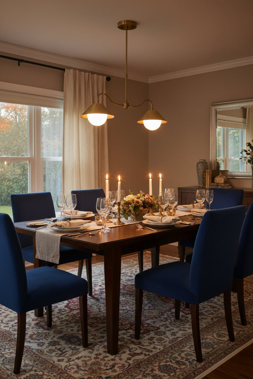 Brass patina 2-light pendant lamp with curved arms, cone shade details, and glowing G9 globes