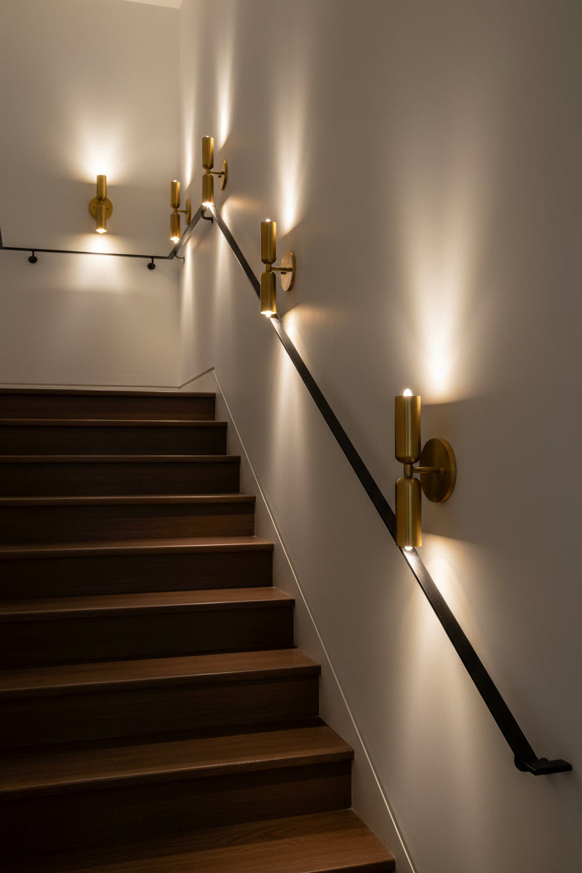 Brass patina up down wall sconce creating decorative light patterns above and below the fixture