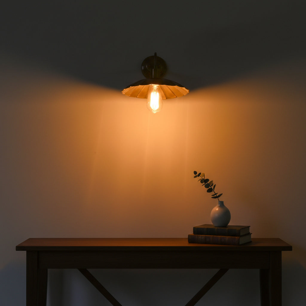 Brass patina wall sconce dimension image showing 15 inch projection and 9 inch overall height