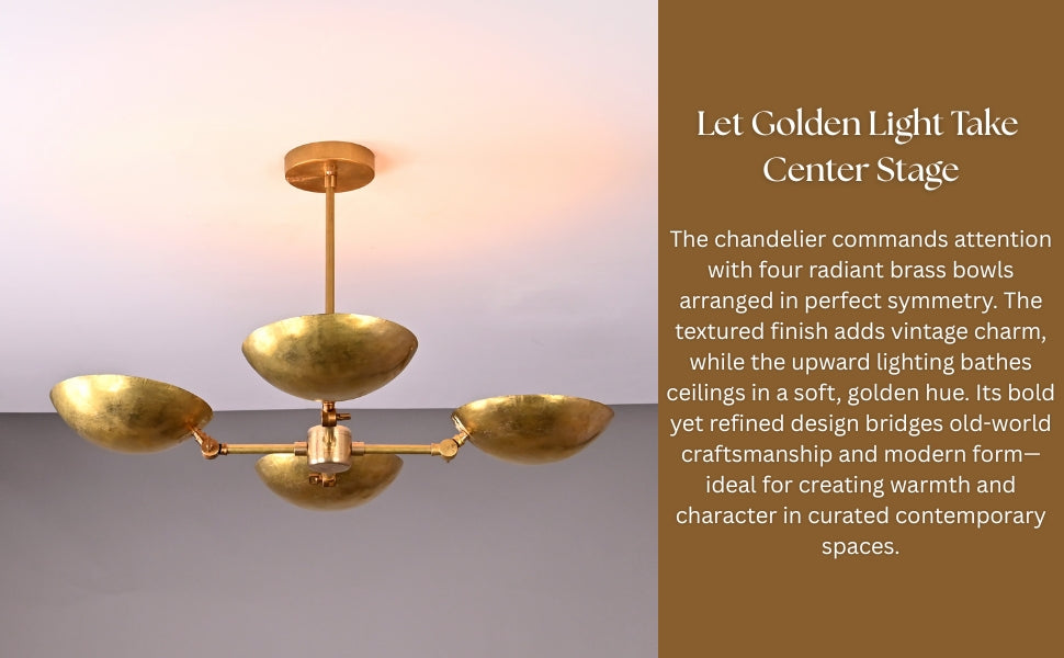 Overhead angle of 4-bowl chandelier in gold brass finish showing symmetry and central stem design