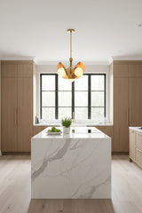 Closeup of brass petal globe chandelier showing curved floral reflectors, opal glass globes, and warm ambient lighting