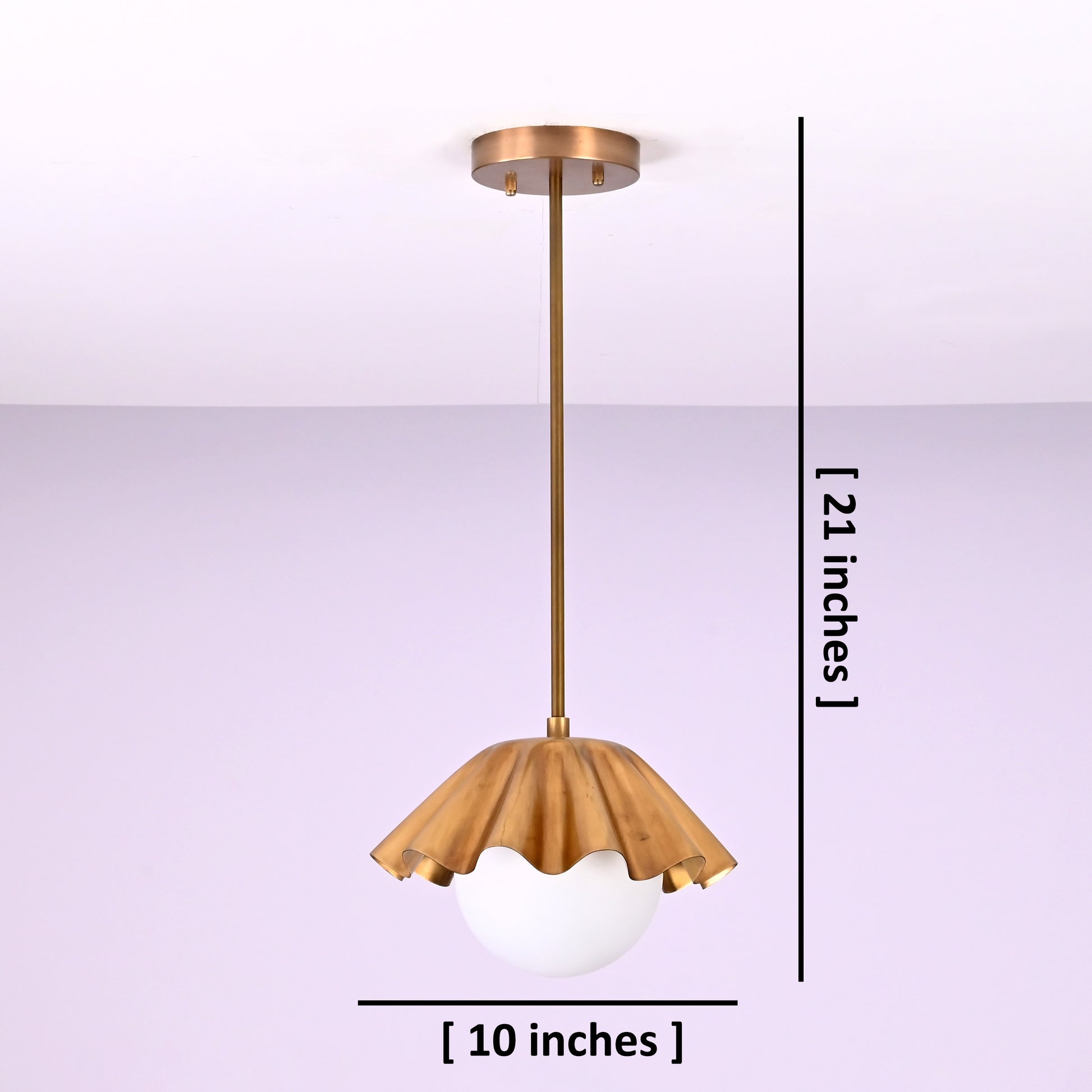 Dimensions of brass pendant chandelier with ruffled shade – 10 inch wide and 21 inch height