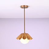 Modern brass pendant light with ruffled shade and frosted globe bulb, handmade ceiling lamp by Brass Leaf Studio
