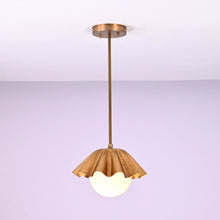 Modern brass pendant light with ruffled shade and frosted globe bulb, handmade ceiling lamp by Brass Leaf Studio