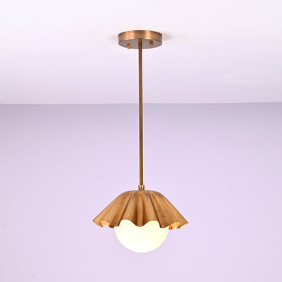 Modern brass pendant light with ruffled shade and frosted globe bulb, handmade ceiling lamp by Brass Leaf Studio