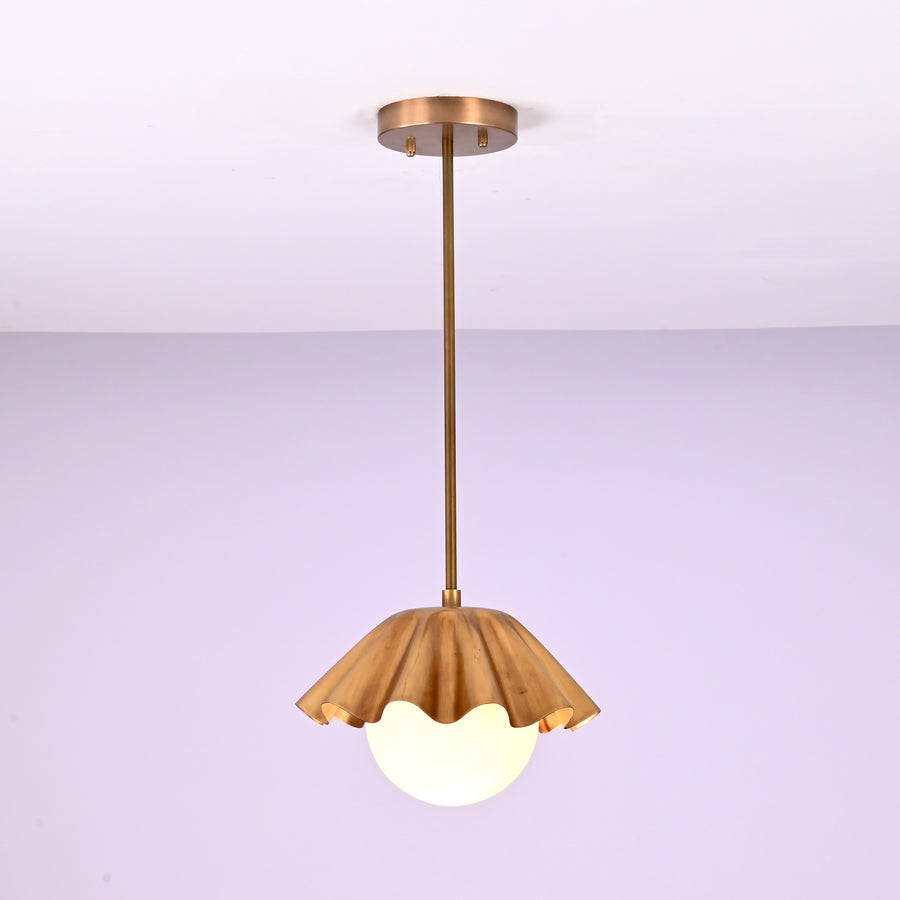 Modern brass pendant light with ruffled shade and frosted globe bulb, handmade ceiling lamp by Brass Leaf Studio