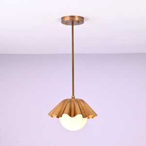 Modern brass pendant light with ruffled shade and frosted globe bulb, handmade ceiling lamp by Brass Leaf Studio