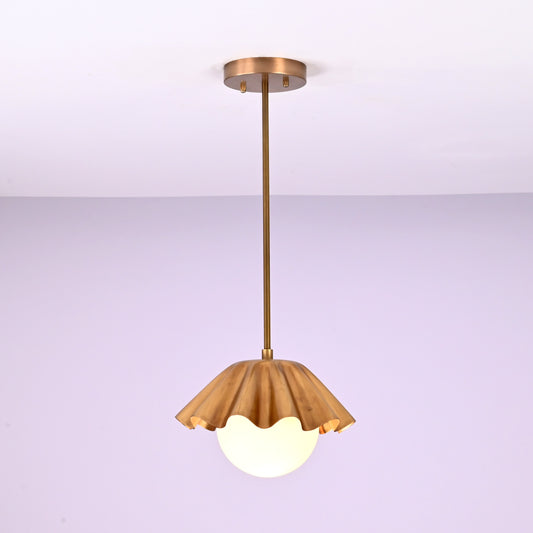 Modern brass pendant light with ruffled shade and frosted globe bulb, handmade ceiling lamp by Brass Leaf Studio