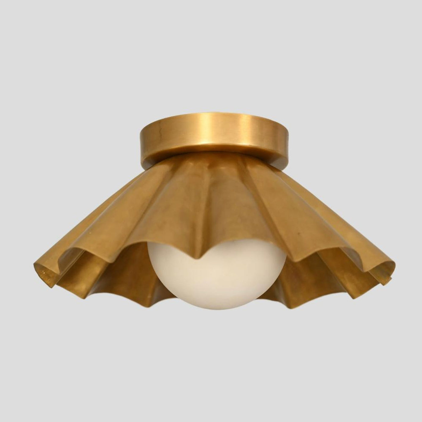 Handmade brass scalloped flush mount ceiling light with fluted shade and round base