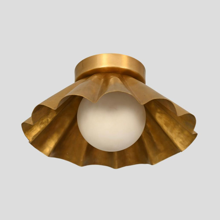 Handmade brass scalloped flush mount ceiling light with fluted shade and round base