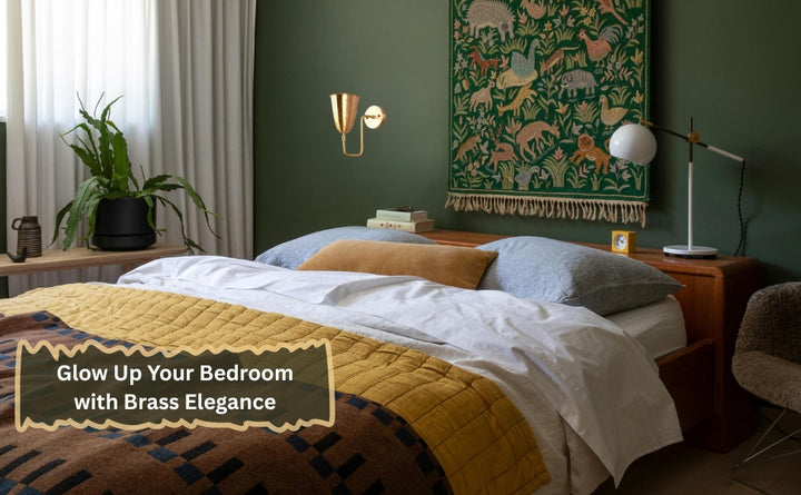 Brass wall sconce mounted beside bed creating warm ambient bedroom lighting
