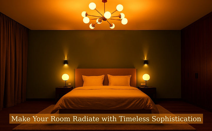 Brass Sputnik chandelier with glowing opal glass globes lighting a modern bedroom with warm ambient tones.