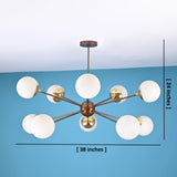 Brass Sputnik chandelier with opal glass globes showing dimensions of 38 inches width and 24 inches height.