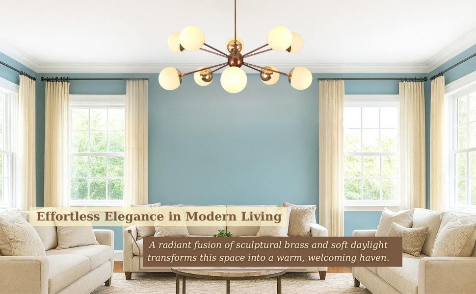 Brass Sputnik chandelier with opal glass globes hanging in a bright living room with blue walls and cream curtains.