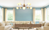 Brass Sputnik chandelier with opal glass globes hanging in a bright living room with blue walls and cream curtains.