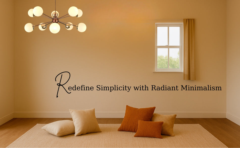 Brass Sputnik chandelier with opal globes in a minimalist room with beige walls and floor cushions.