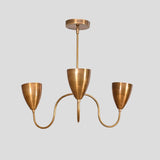 Handmade brass 3-light chandelier with curved arms and conical shades, modern industrial ceiling light by Brass Leaf Studio.