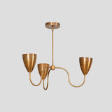 Side angle of solid brass 3-light chandelier with elegant curved arms and brushed finish, perfect for modern interiors.