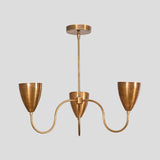 Straight front view of handcrafted brass chandelier with three conical shades, minimalist industrial ceiling lighting fixture.