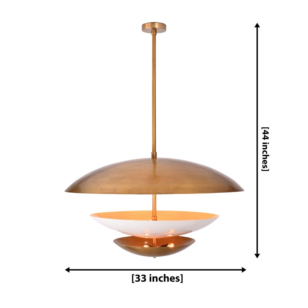 Brass tiered disc pendant light with wide upper shade, white diffuser bowl, and lower accent disc for luxury interiors