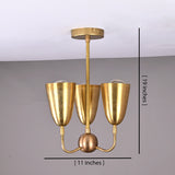 Brass triple cup ceiling light showing 11-inch width and 19-inch height, modern mid-century brass flushmount chandelier.