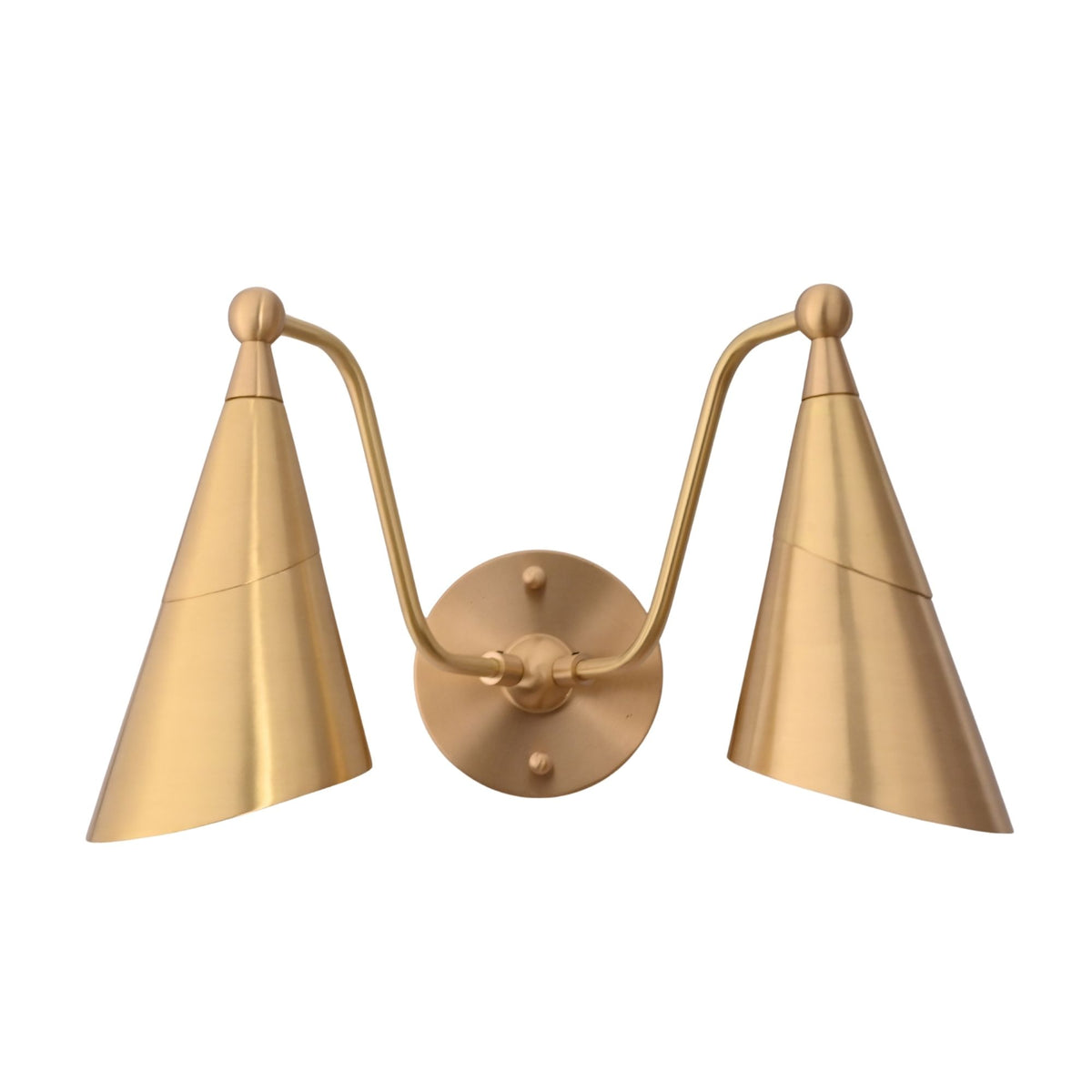 Closeup of brass two light cone sconce showing tapered shades, round canopy, curved arm detail, and warm illuminated interiors