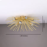 30-inch brass urchin flushmount chandelier in brushed brass finish, front view showing sculpted radial rods and warm ambient lighting.