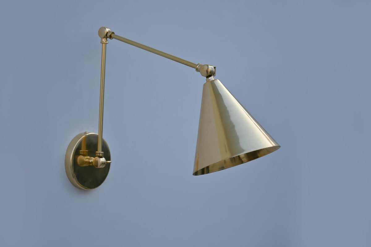 Adjustable brass wall lamp with conical shade, handmade lighting fixture
