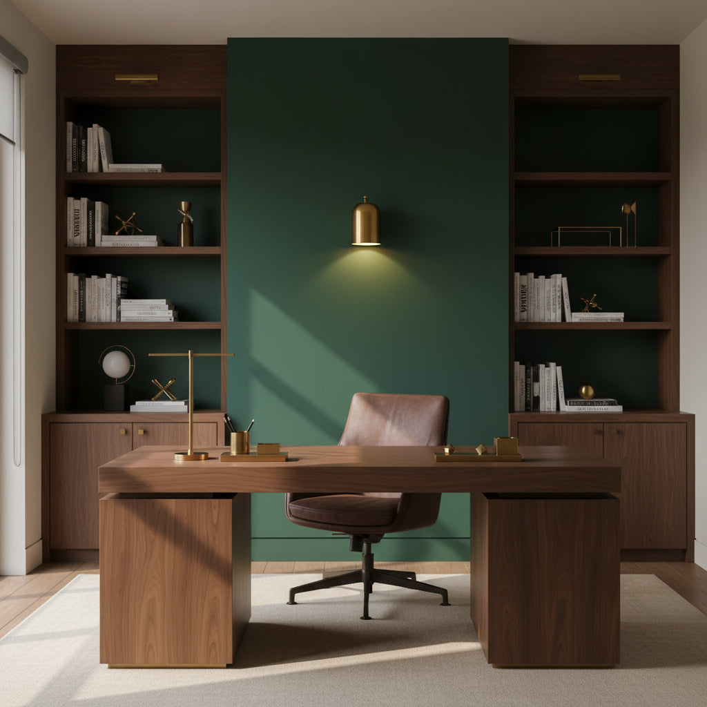 Brass cylindrical wall light installed in an architectural niche with warm downward illumination and minimalist styling