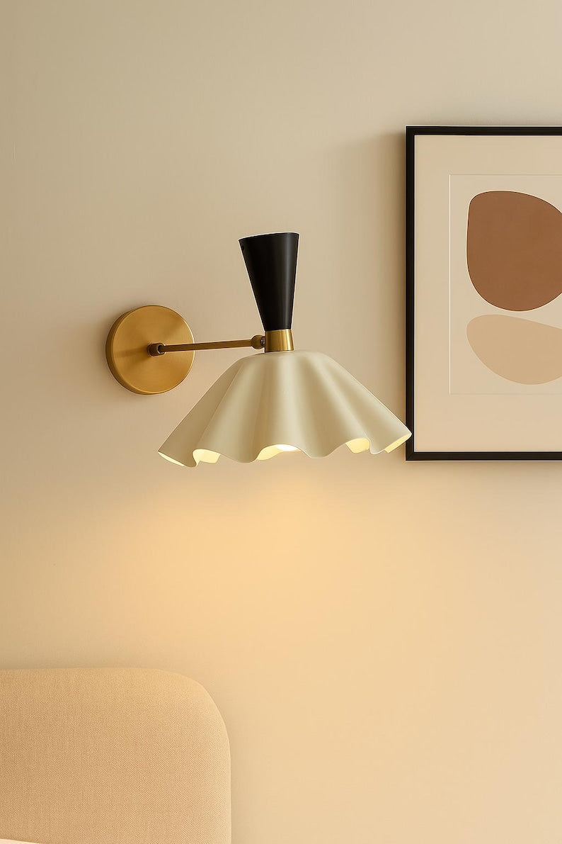 Modern brass wall sconce with fluted cream shade and black accent top, industrial mid century single light fixture by Brass Leaf Studio