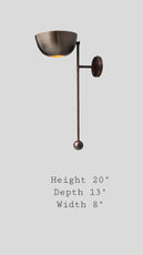 Brass wall light fixture with size dimensions showing 20 inch height, 13 inch depth, 8 inch width