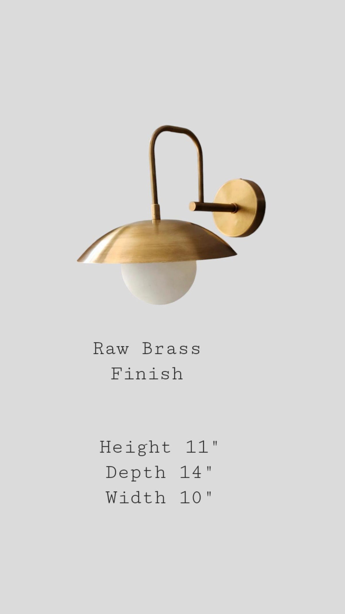 Brass wall sconce with raw brass finish showing dimensions – 11 inch height, 14 inch depth, 10 inch width
