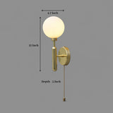 Polished brass globe wall sconce showing 12-inch height, 4.7-inch width, and 5-inch depth with opal glass globe